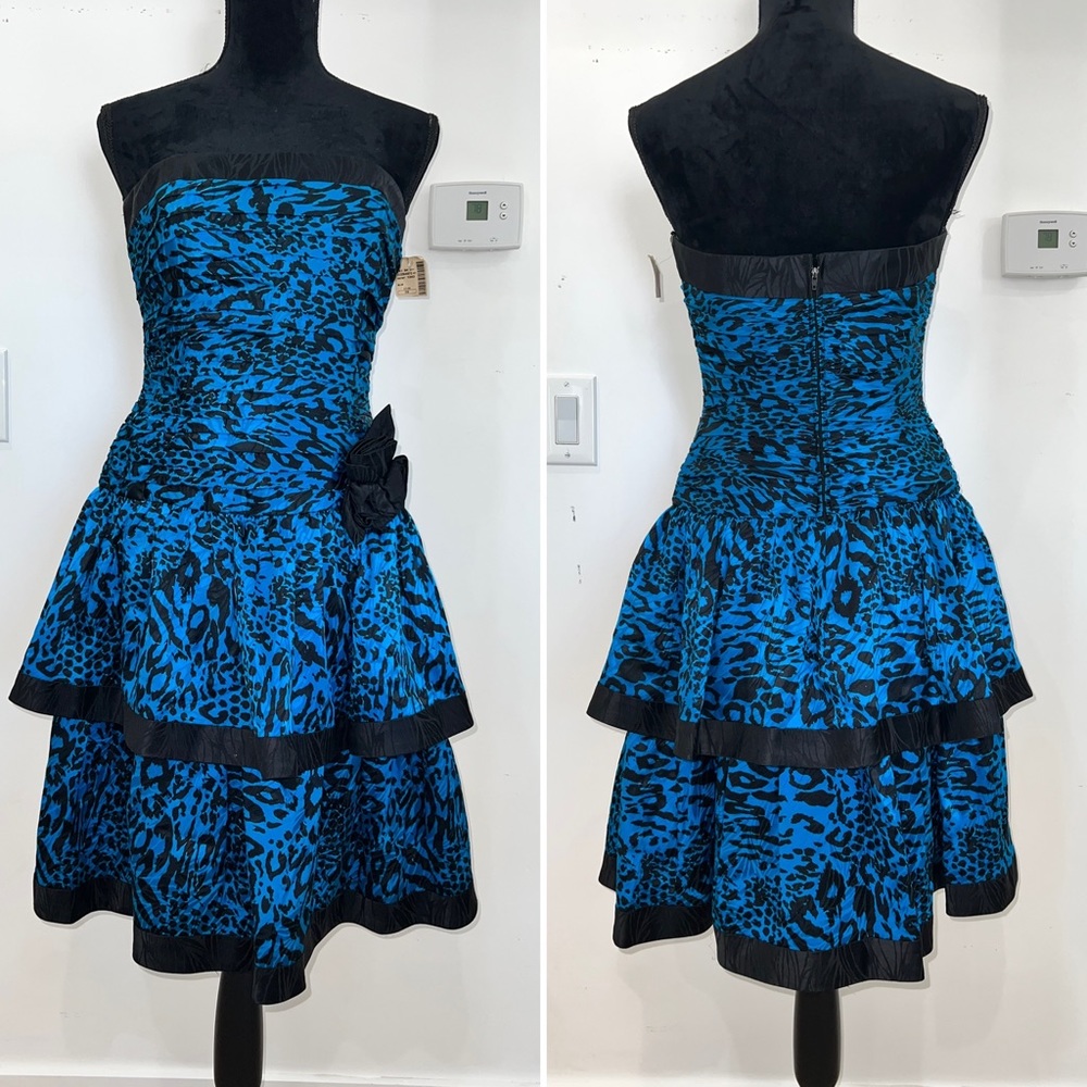 80s AJ Bari Blue and Black Animal Print Strapless Prom Party Dress